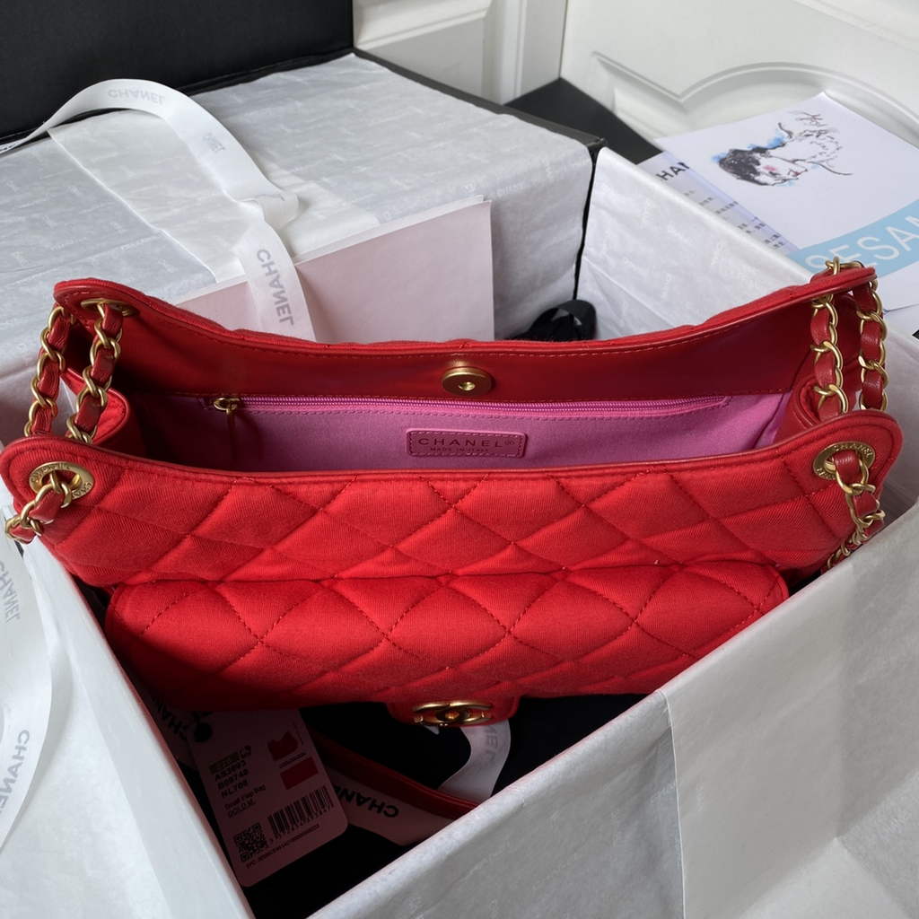 Chanel AS3693 Large Hobo Bag Wool Jersey Red gold