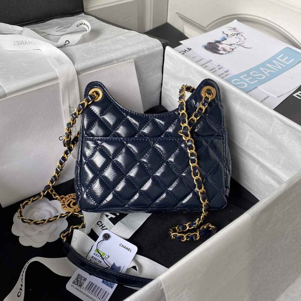Chanel AS3710 Small Hobo Bag Shiny crumpled calfskin Navy Blue gold