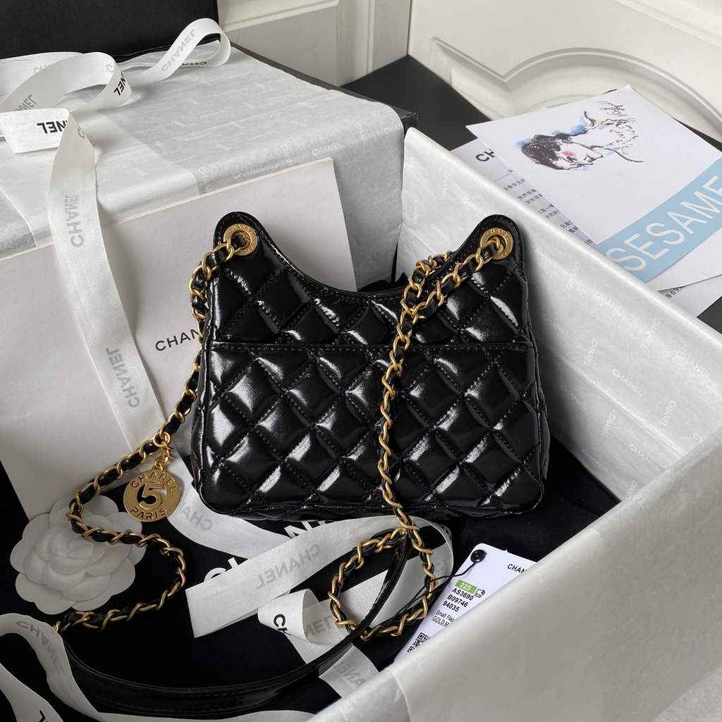 Chanel AS3710 Small Hobo Bag Shiny crumpled calfskin Black gold