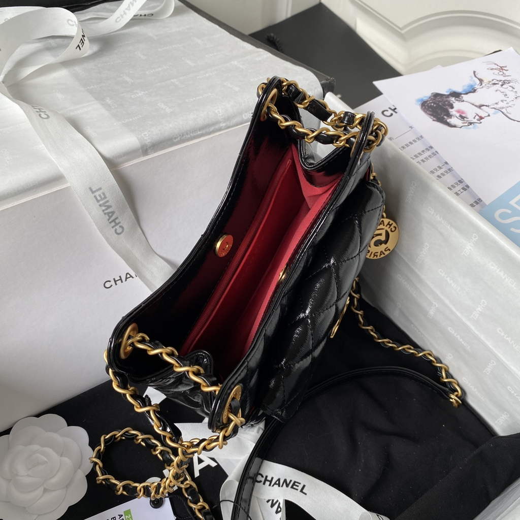 Chanel AS3710 Small Hobo Bag Shiny crumpled calfskin Black gold
