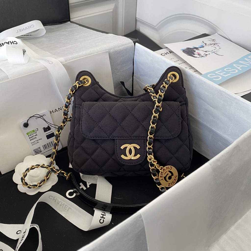 Chanel AS3710 Small Hobo Bag Wool Jersey Black gold