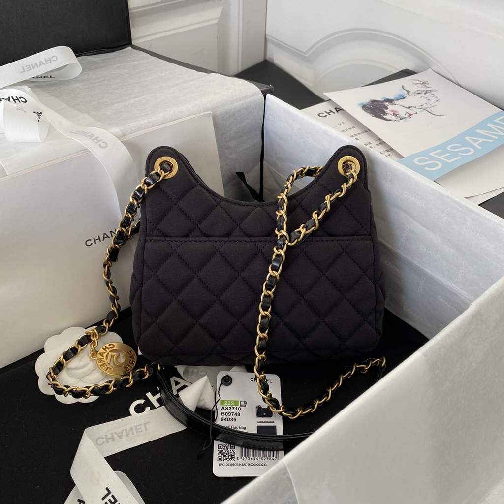 Chanel AS3710 Small Hobo Bag Wool Jersey Black gold