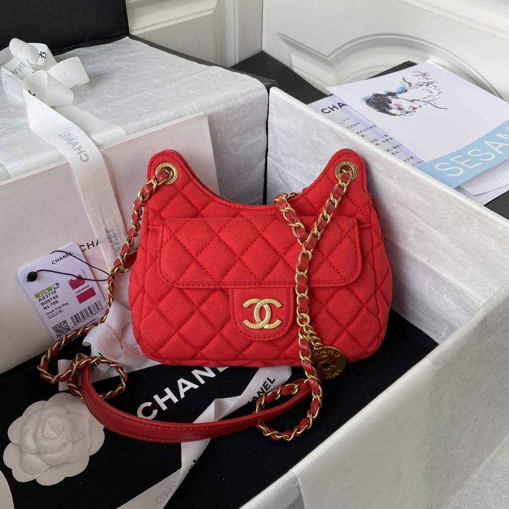 Chanel AS3710 Small Hobo Bag Wool Jersey Red gold