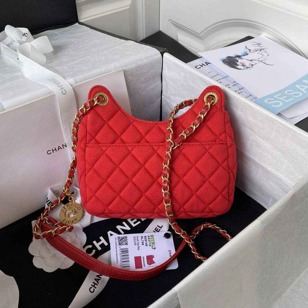 Chanel AS3710 Small Hobo Bag Wool Jersey Red gold