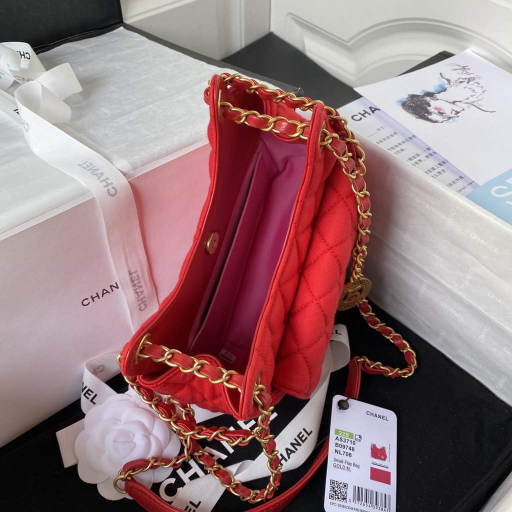 Chanel AS3710 Small Hobo Bag Wool Jersey Red gold