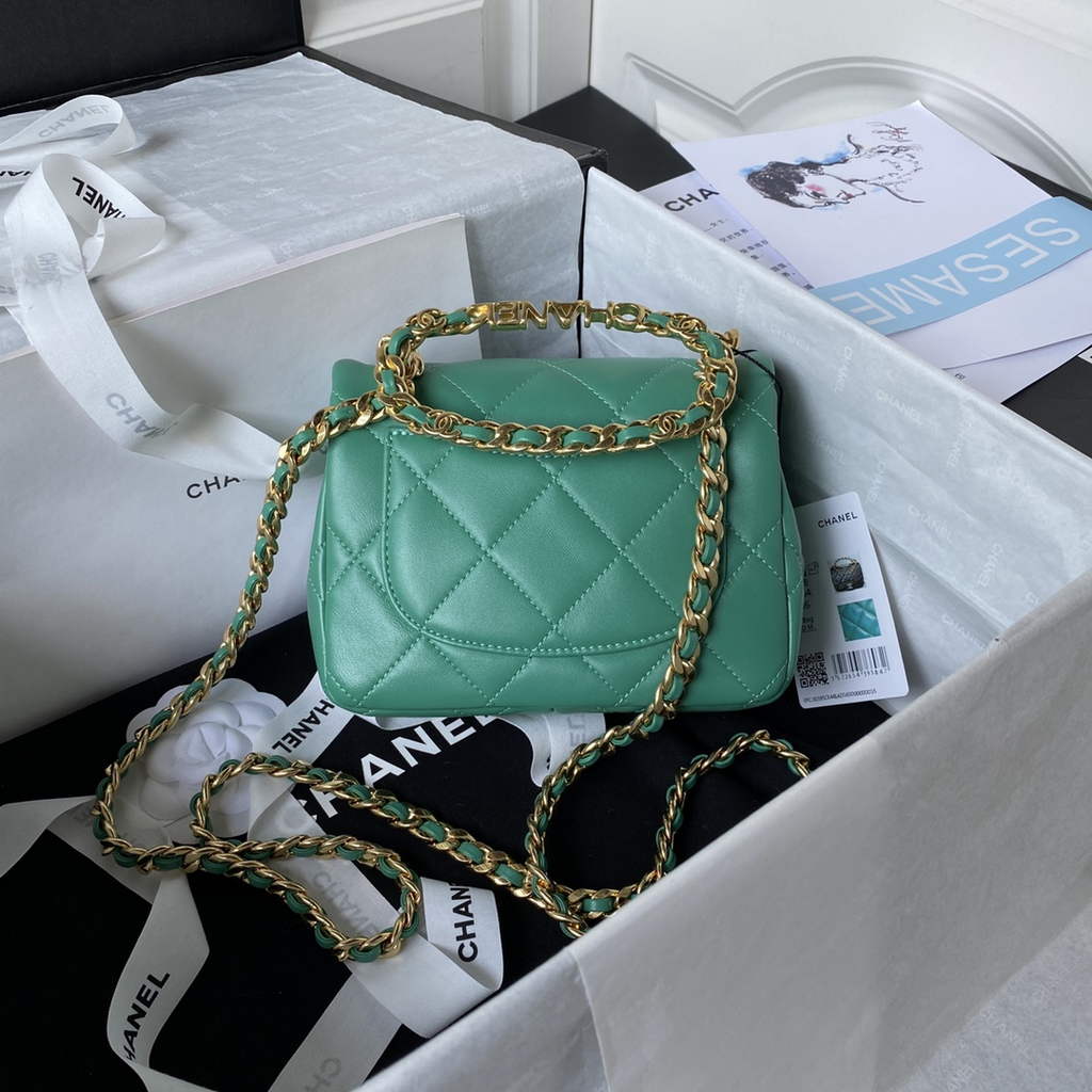 Chanel AS3748 Mini Flap Bag with Top Handle Lambskin Green