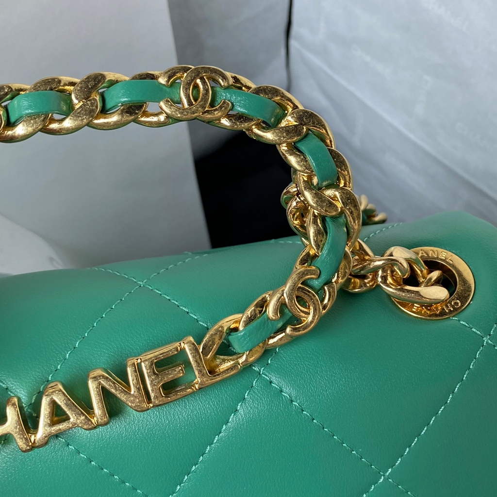 Chanel AS3749 Flap Bag with Top Handle Lambskin Green
