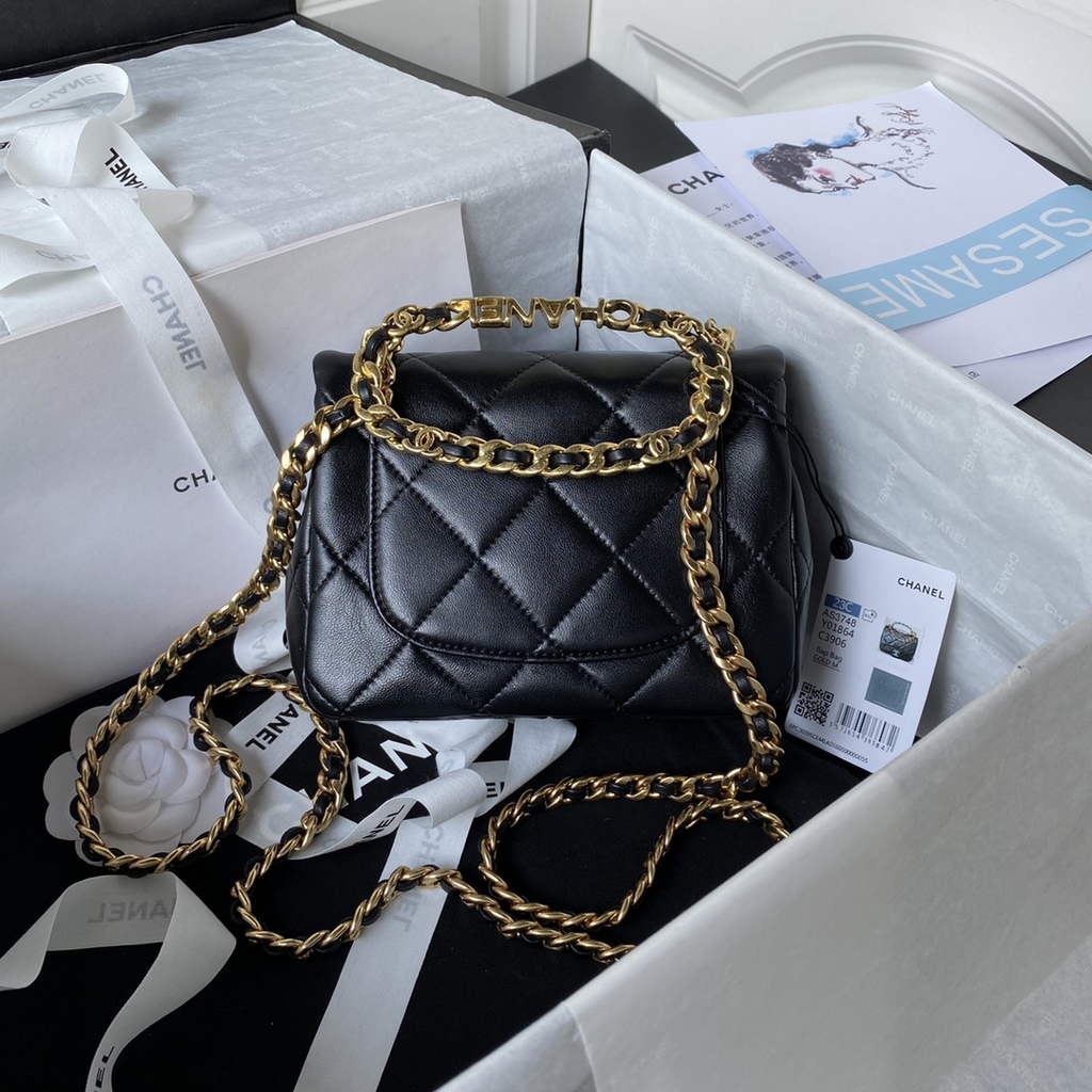 Chanel AS3748 Mini Flap Bag with Top Handle Lambskin Black