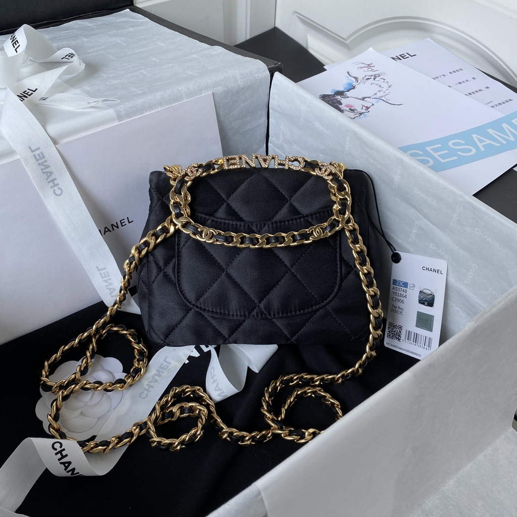 Chanel AS3749 Flap Bag with Top Handle Silk Black