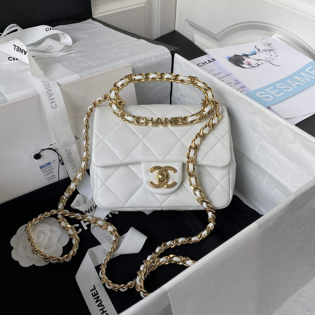 Chanel AS3748 Mini Flap Bag with Top Handle Lambskin White