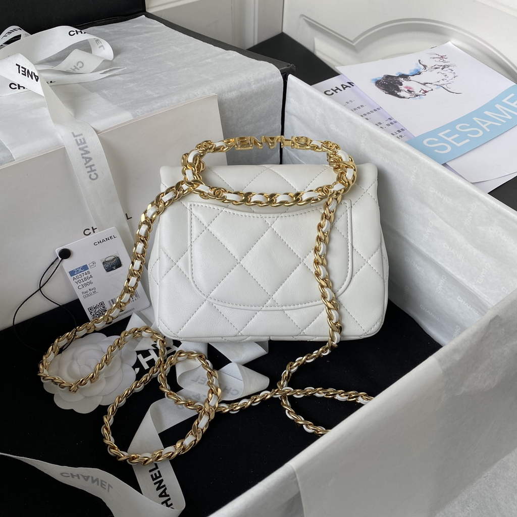 Chanel AS3748 Mini Flap Bag with Top Handle Lambskin White