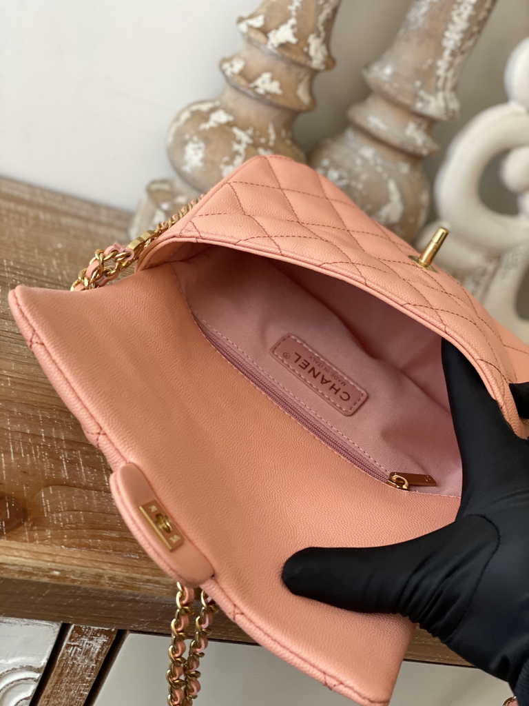 Chanel AS3757 Mini flap bag Grained calfskin gold-tone metal Pink
