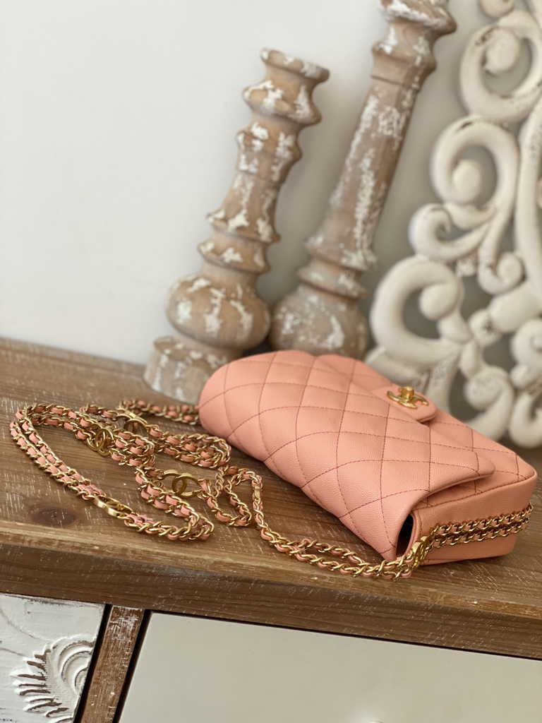 Chanel AS3757 Mini flap bag Grained calfskin gold-tone metal Pink