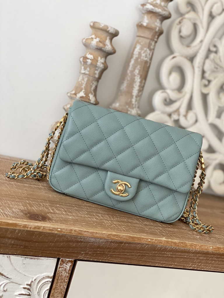 Chanel AS3757 Mini flap bag Grained calfskin gold-tone metal Blue