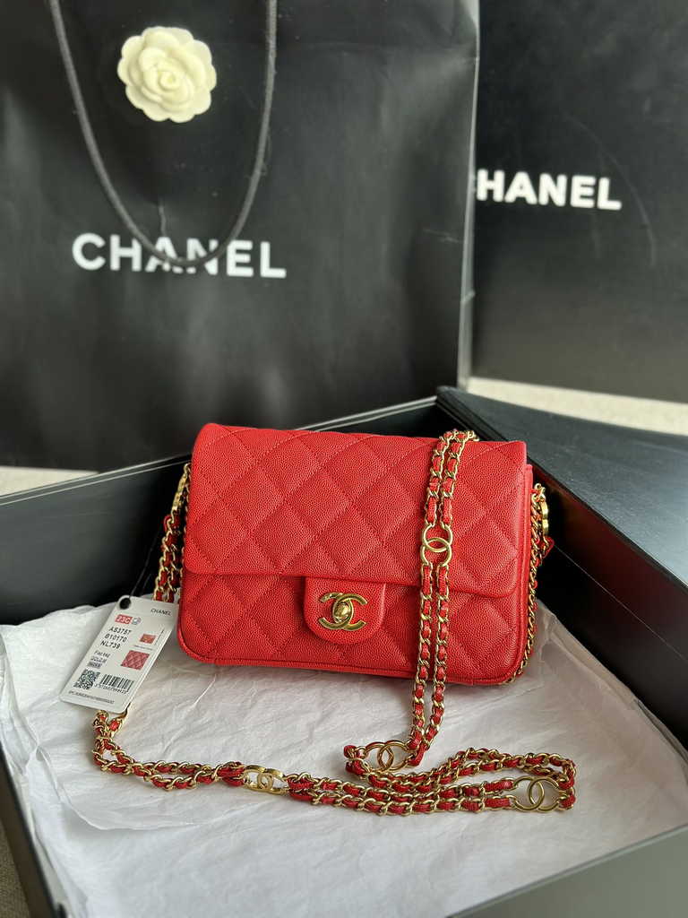 Chanel AS3757 Mini flap bag Grained calfskin gold-tone metal red