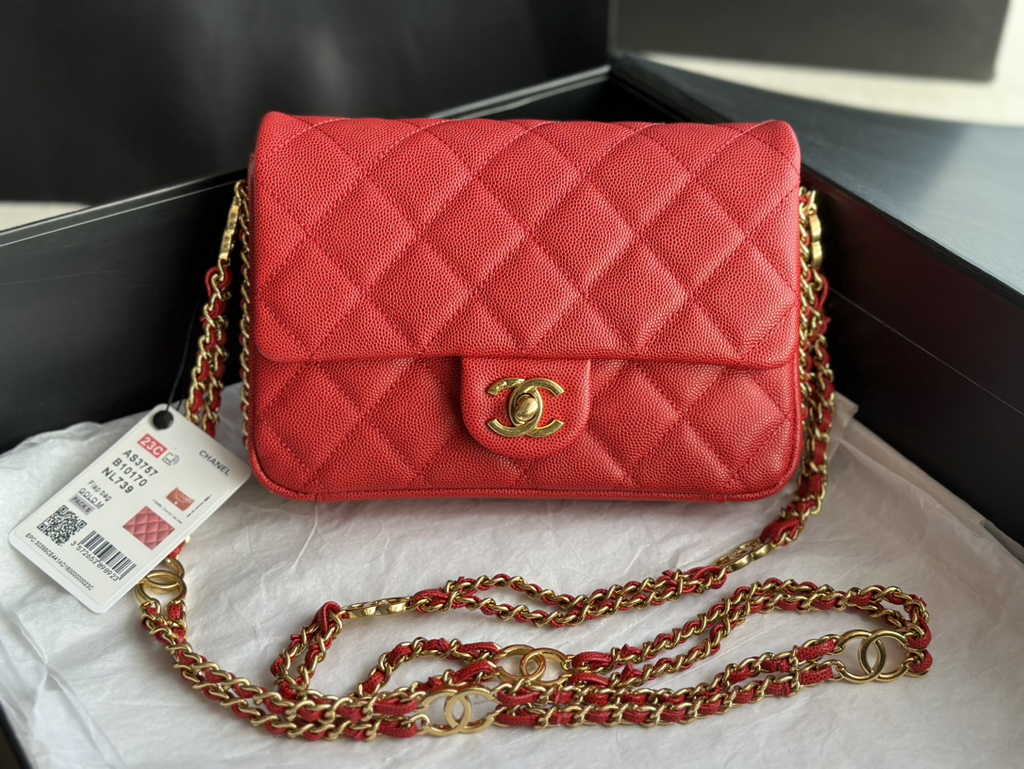 Chanel AS3757 Mini flap bag Grained calfskin gold-tone metal red