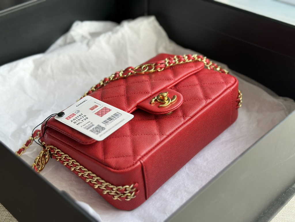 Chanel AS3757 Mini flap bag Grained calfskin gold-tone metal red