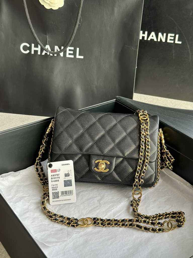 Chanel AS3757 Mini flap bag Grained calfskin gold-tone metal black