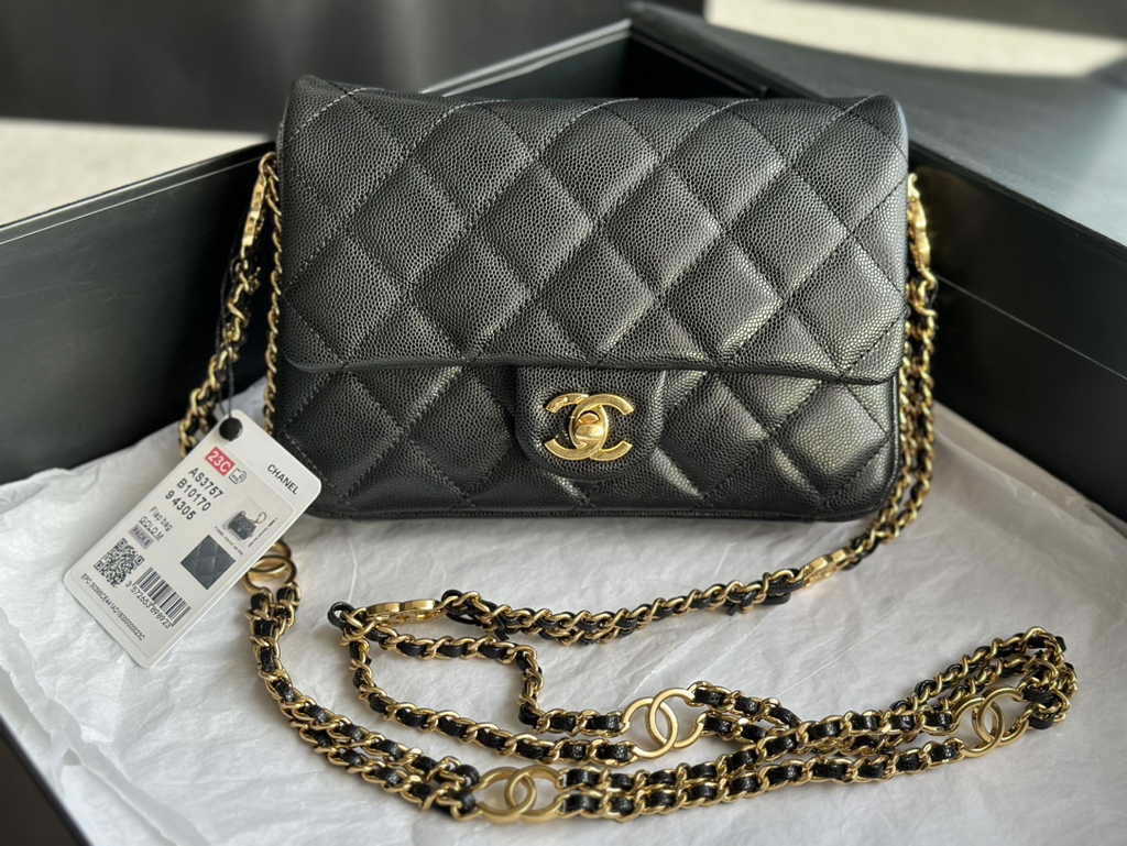 Chanel AS3757 Mini flap bag Grained calfskin gold-tone metal black