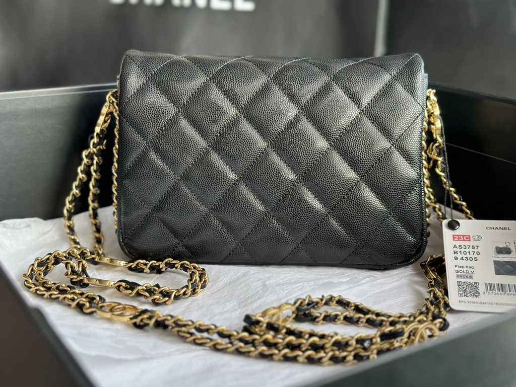 Chanel AS3757 Mini flap bag Grained calfskin gold-tone metal black