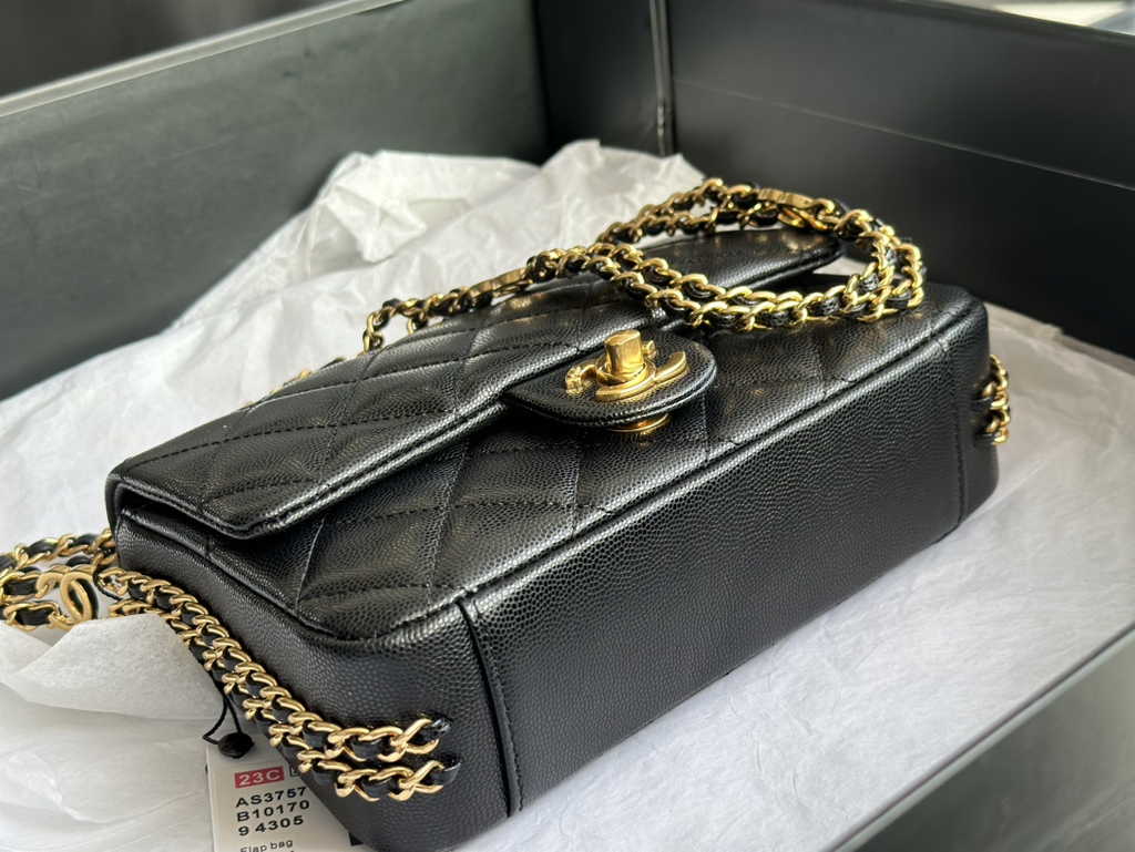 Chanel AS3757 Mini flap bag Grained calfskin gold-tone metal black