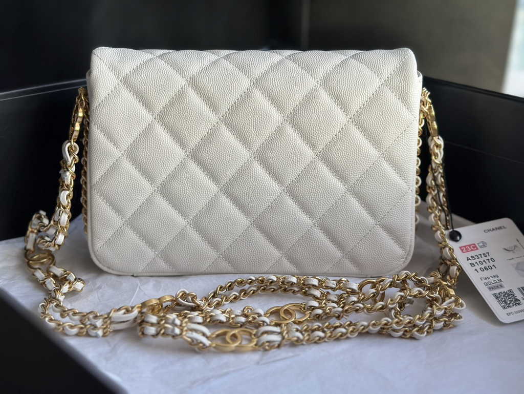 Chanel AS3757 Mini flap bag Grained calfskin gold-tone metal beige