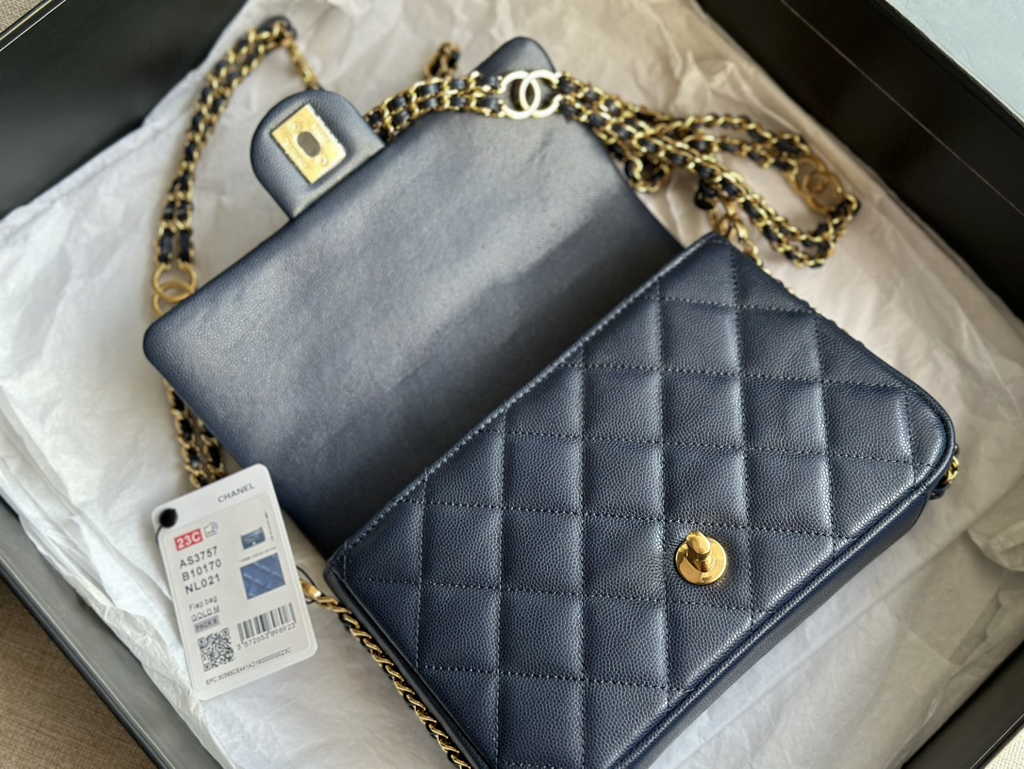 Chanel AS3757 Mini flap bag Grained calfskin gold-tone metal navy blue