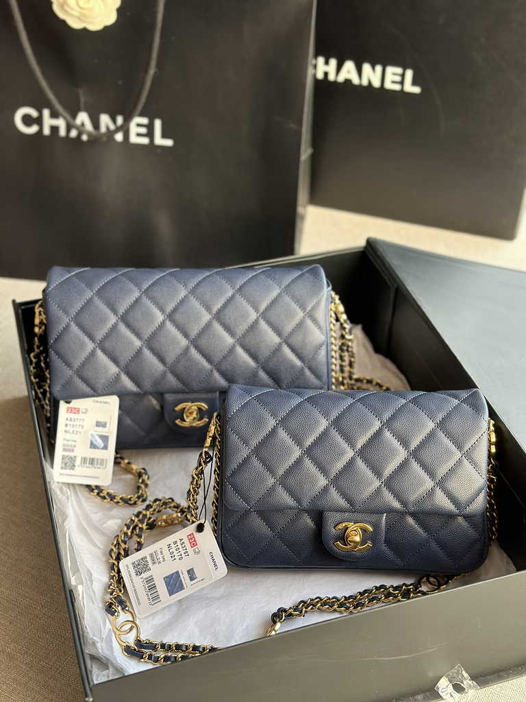 Chanel AS3757 Mini flap bag Grained calfskin gold-tone metal navy blue