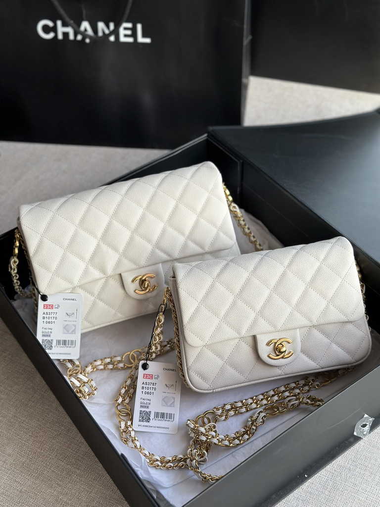 Chanel AS3757 Mini flap bag Grained calfskin gold-tone metal beige