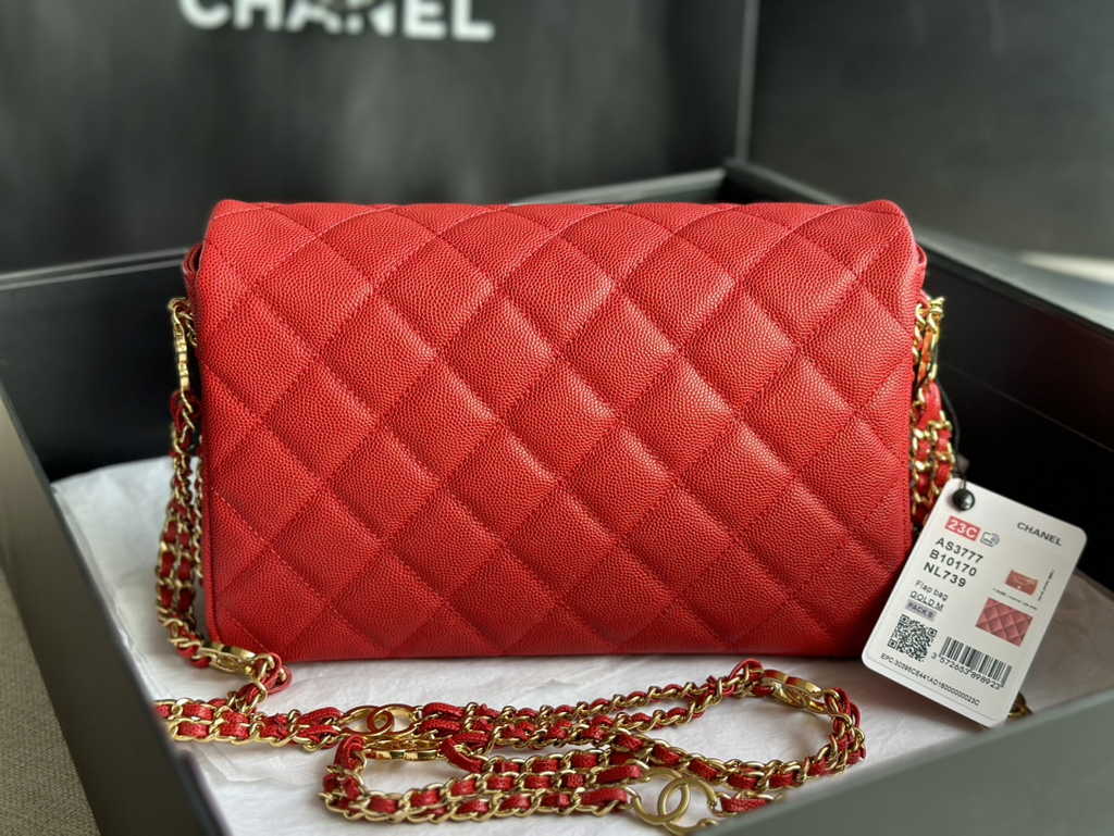 Chanel AS3777 Small flap bag Grained calfskin gold-tone metal Red