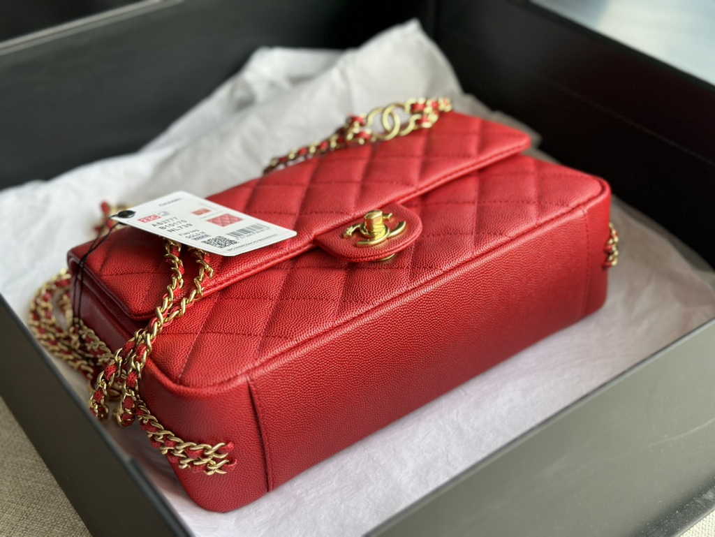 Chanel AS3777 Small flap bag Grained calfskin gold-tone metal Red