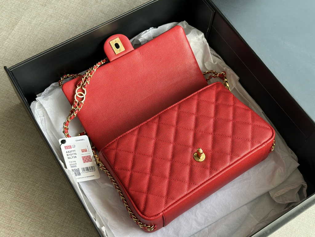 Chanel AS3777 Small flap bag Grained calfskin gold-tone metal Red