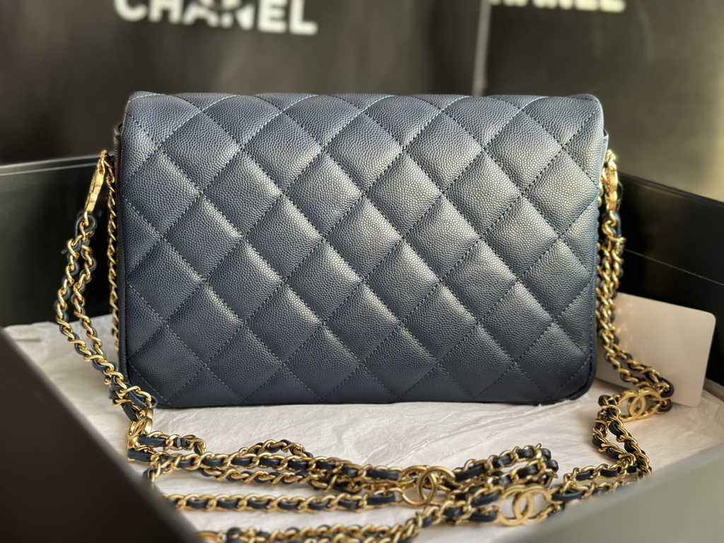 Chanel AS3757 Mini flap bag Grained calfskin gold-tone metal navy blue