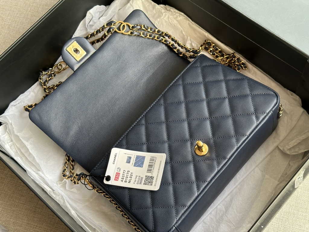 Chanel AS3757 Mini flap bag Grained calfskin gold-tone metal navy blue