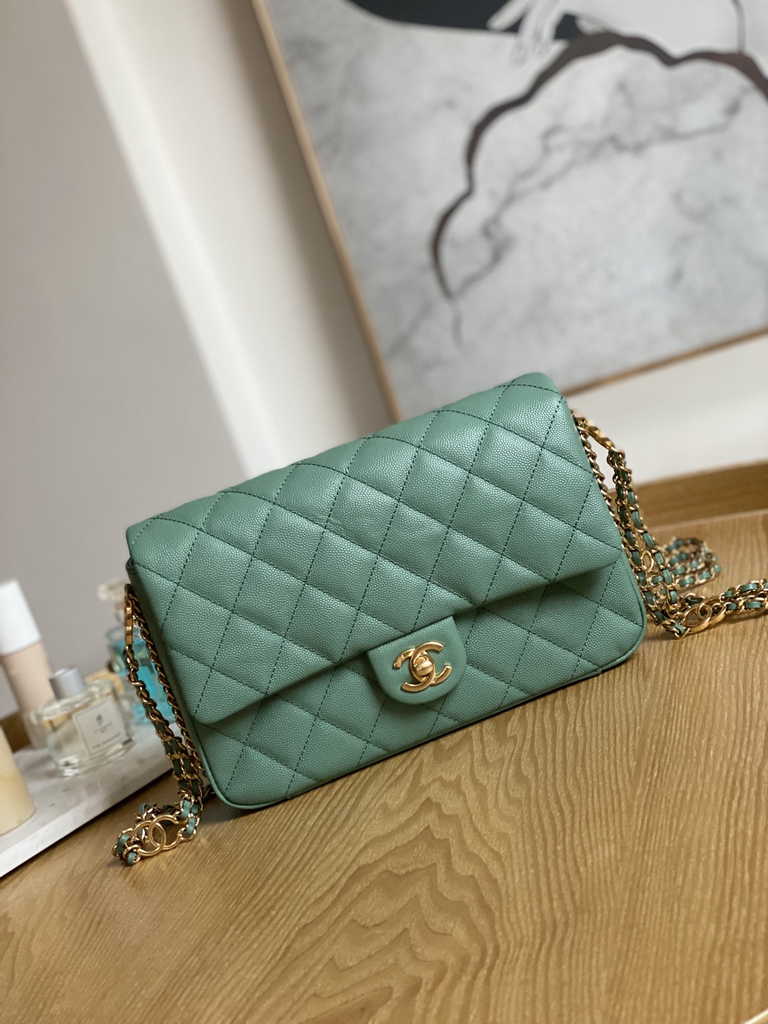 Chanel AS3757 Mini flap bag Grained calfskin gold-tone metal Green