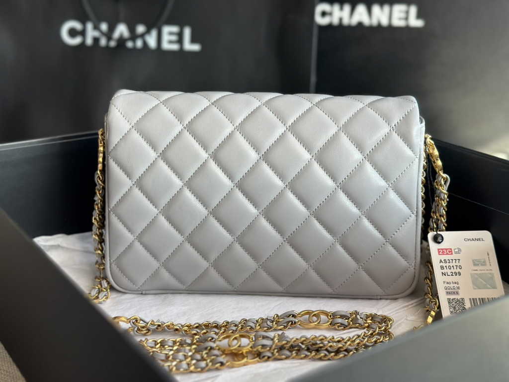 Chanel AS3777 Small flap bag Lambskin gold-tone metal Gray