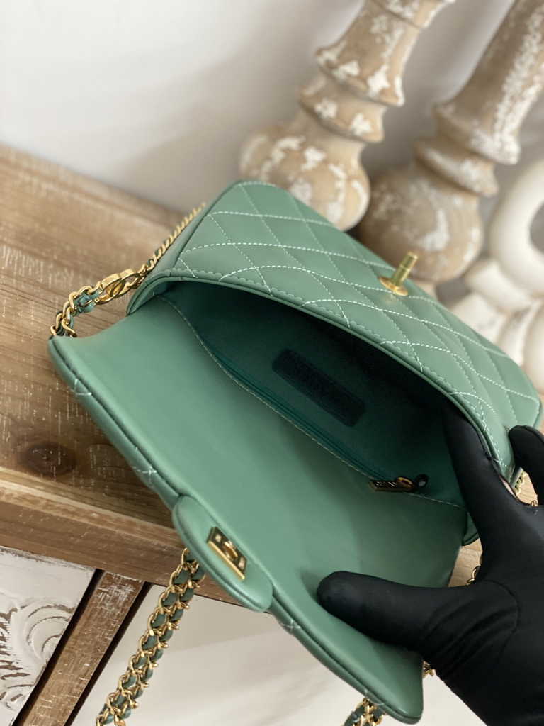 Chanel AS3757 Mini flap bag Lambskin gold-tone metal Green