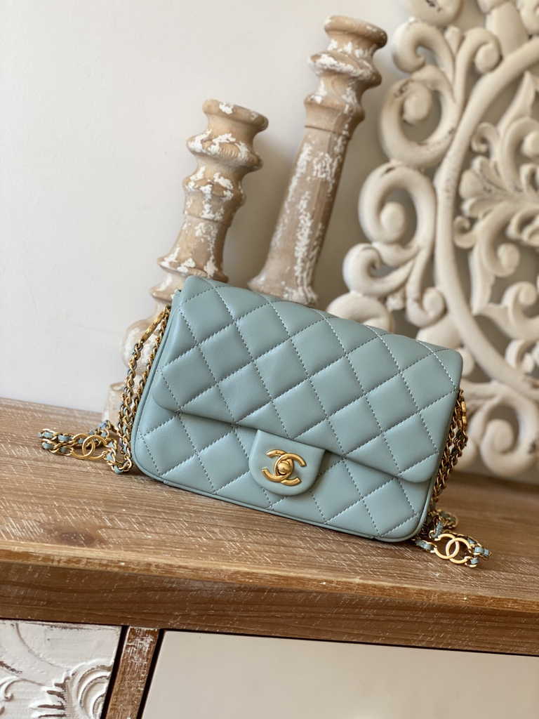 Chanel AS3757 Mini flap bag Lambskin gold-tone metal Blue