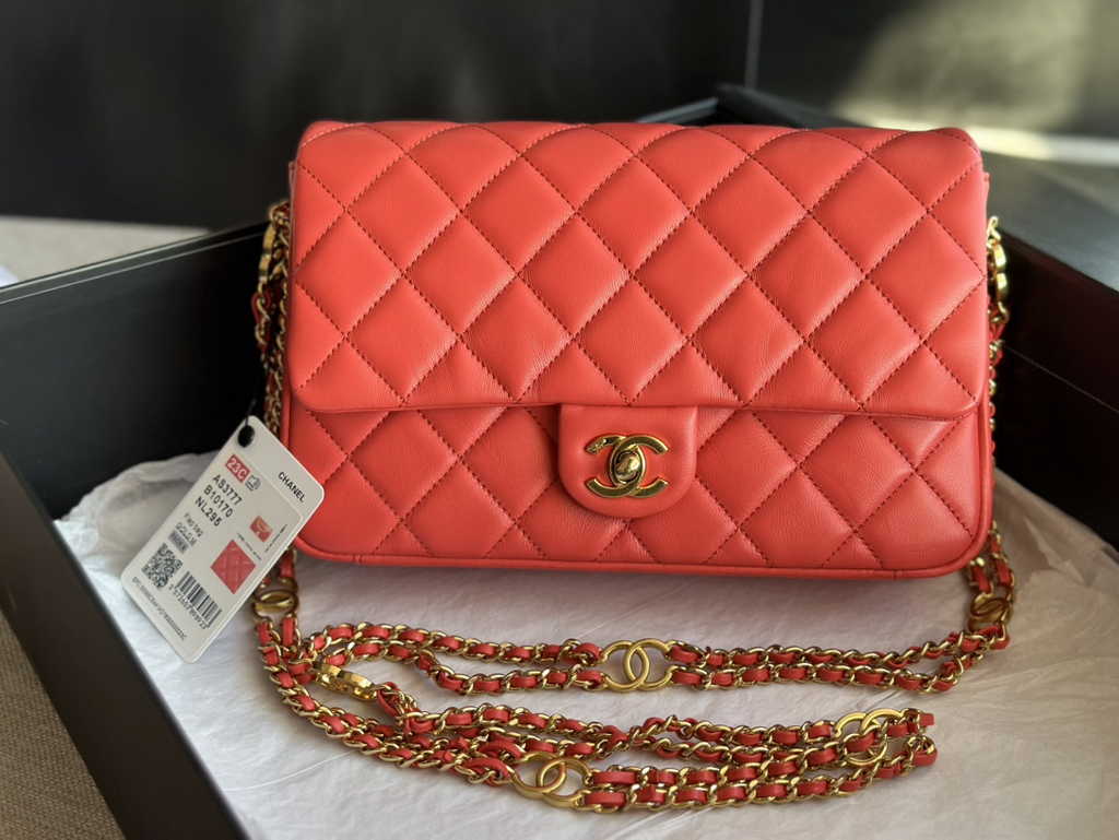 Chanel AS3777 Small flap bag Lambskin gold-tone metal Red