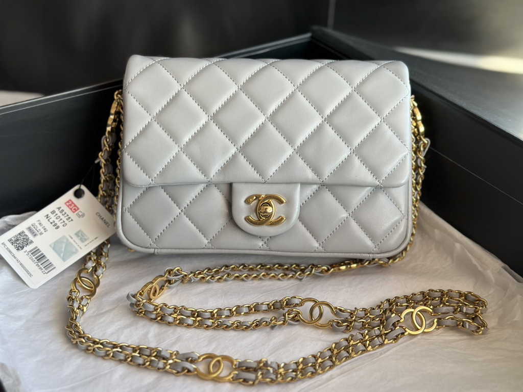Chanel AS3757 Mini flap bag Lambskin gold-tone metal Gray