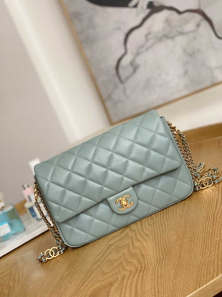 Chanel AS3777 Small flap bag Lambskin gold-tone metal Blue
