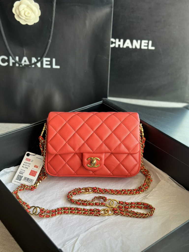 Chanel AS3757 Mini flap bag Lambskin gold-tone metal Red