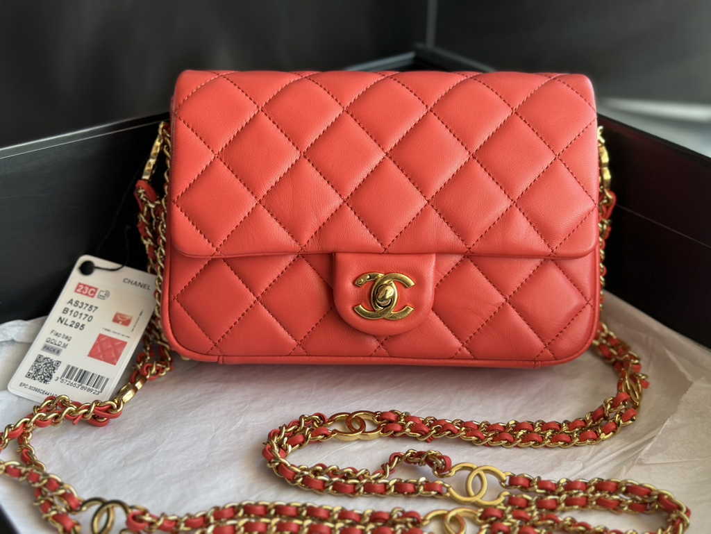 Chanel AS3757 Mini flap bag Lambskin gold-tone metal Red
