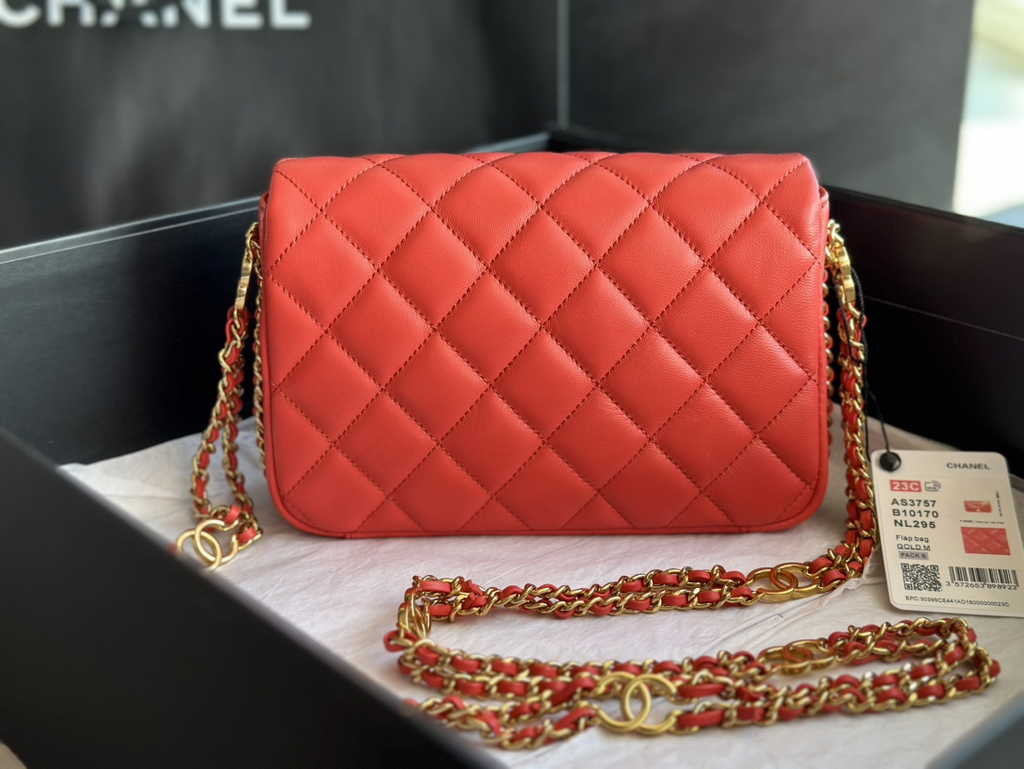 Chanel AS3757 Mini flap bag Lambskin gold-tone metal Red