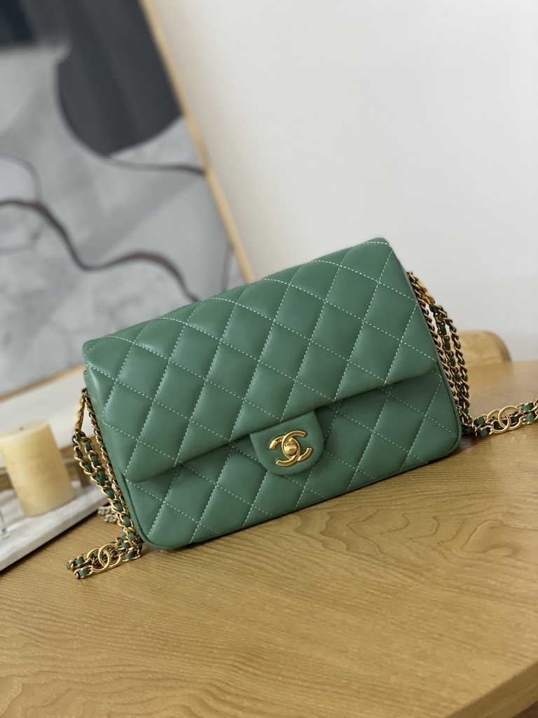 Chanel AS3777 Small flap bag Lambskin gold-tone metal Green