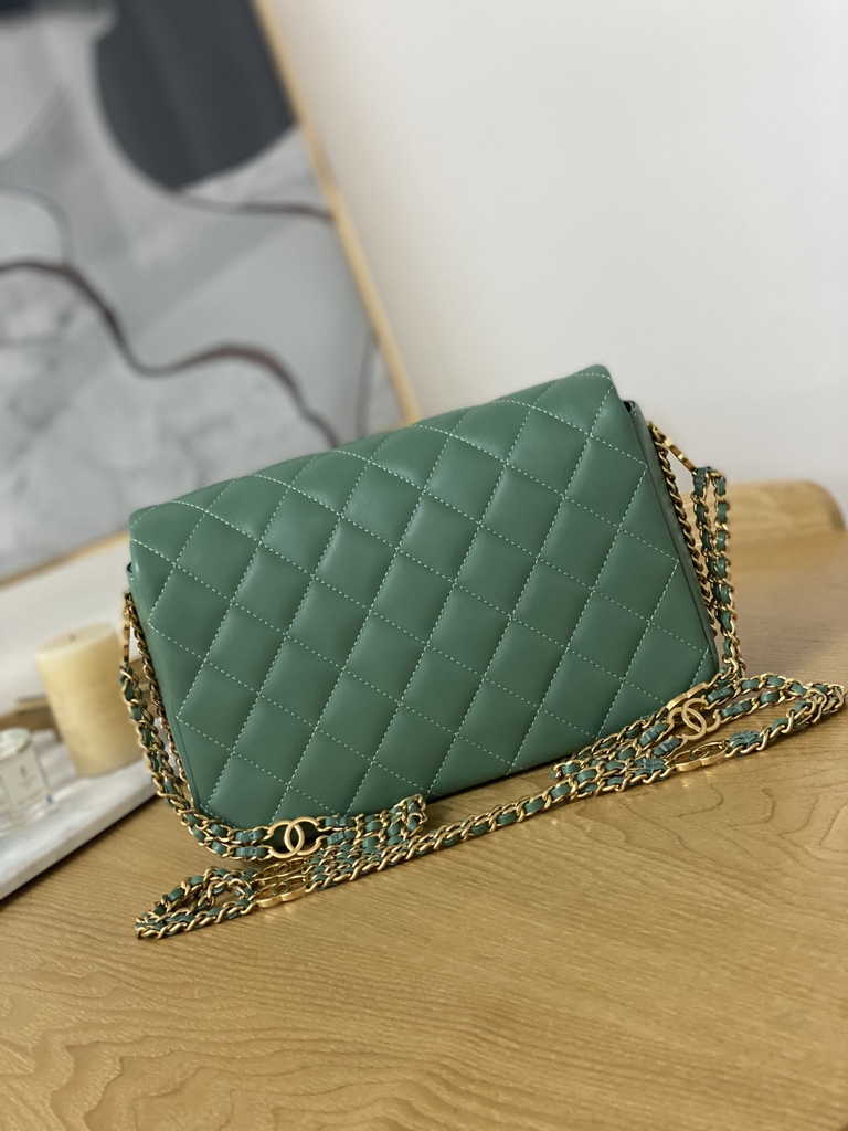 Chanel AS3777 Small flap bag Lambskin gold-tone metal Green