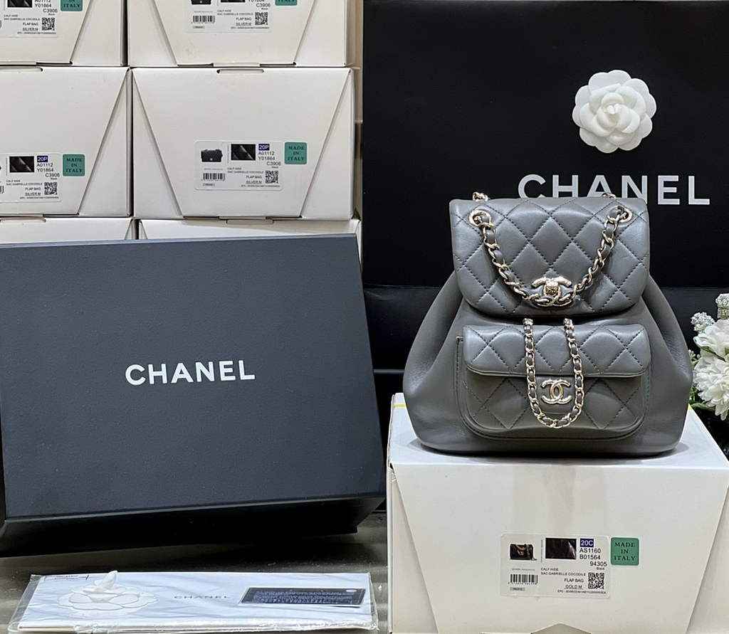 Chanel AS3787 Small Backpack Calfskin Gold-Tone Gray