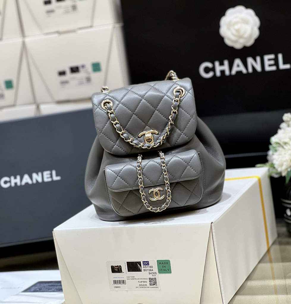 Chanel AS3787 Small Backpack Calfskin Gold-Tone Gray