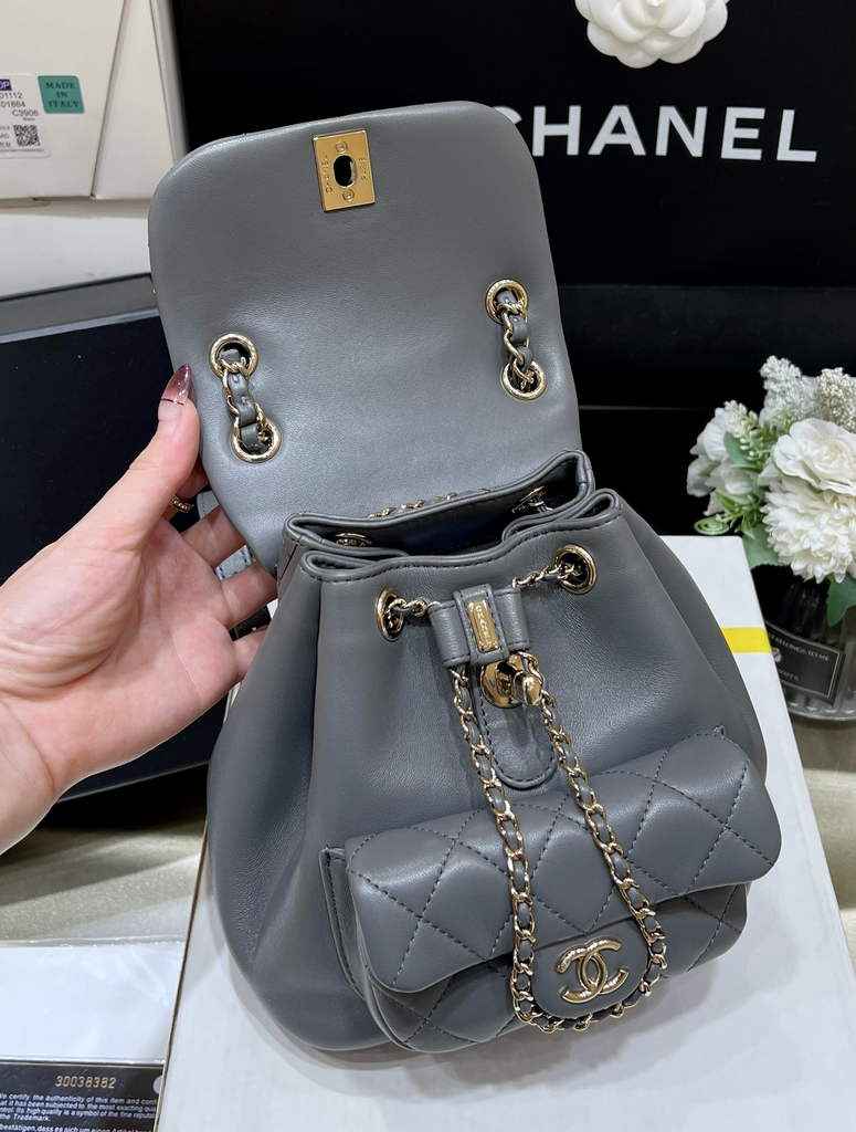 Chanel AS3787 Small Backpack Calfskin Gold-Tone Gray