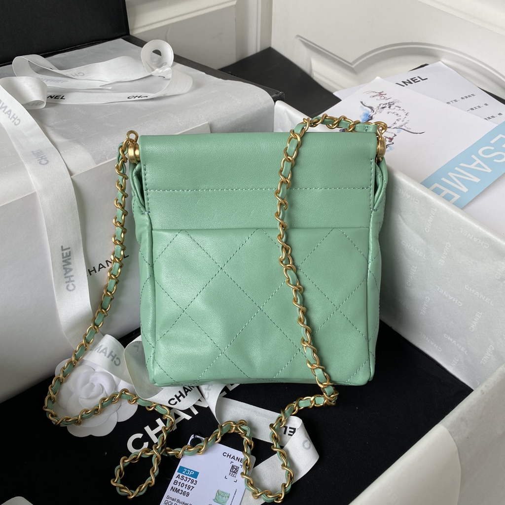 Chanel AS3793 Small Bucket Bag Light Green Lambskin Gold-Tone Metal